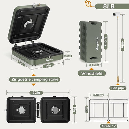 Zingoetrie Camping Stove Propane Burner 17000 BTU Adjustable 2 Burners with Windscreen Foldable Portable Stove Double Burner Stove with Bag Suitable for Outdoor Camping Partying