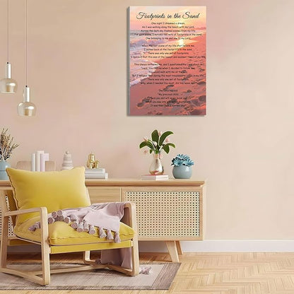 Footprints In The Sand Wall Art Religious Poem Poster Jesus Christian Print Retro Canvas Motivational Quotes Painting Pictures Home Decor Framed 16 * 24 Inch