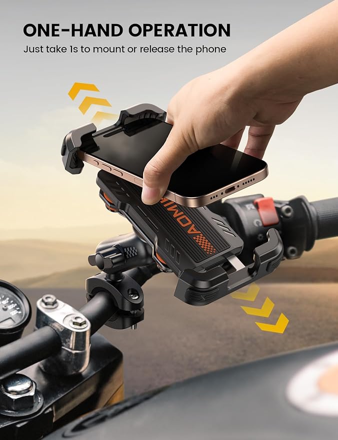 Aomiker Motorcycle Phone Holder Mount - [Metal Extension Arm] [Dual Vibration Dampener] Motorcycle Cell Phone Mount, Bike Phone Handlebar Clamp for iPhone 16 15 14 13 Pro Max Plus, 4.7-6.7" Smartphone
