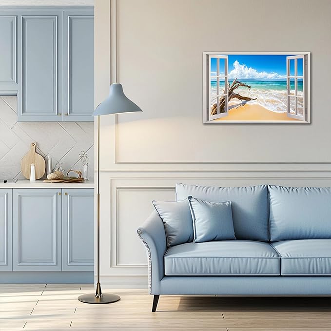 ANRUOXI Beach Pictures Wall Art Decor for Living Room, Blue Ocean Painting Decor for Bedroom, White Window Frame Style Broken Tree Canvas Wall Decor, Coastal Landscape Artwork for Office 24x36 Inch