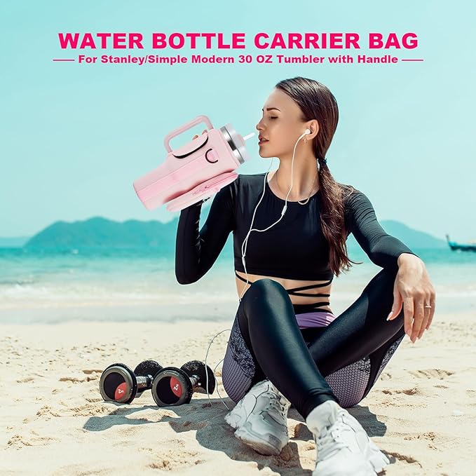 Water Bottle Carrier Bag with Phone Pocket for Stanley 40 & 30 oz Tumbler with Handle,Pink Insulated Neoprene Cup Holder Pouch w/Adjustable Strap for Quencher H2.0 Stanley Cup Accessories