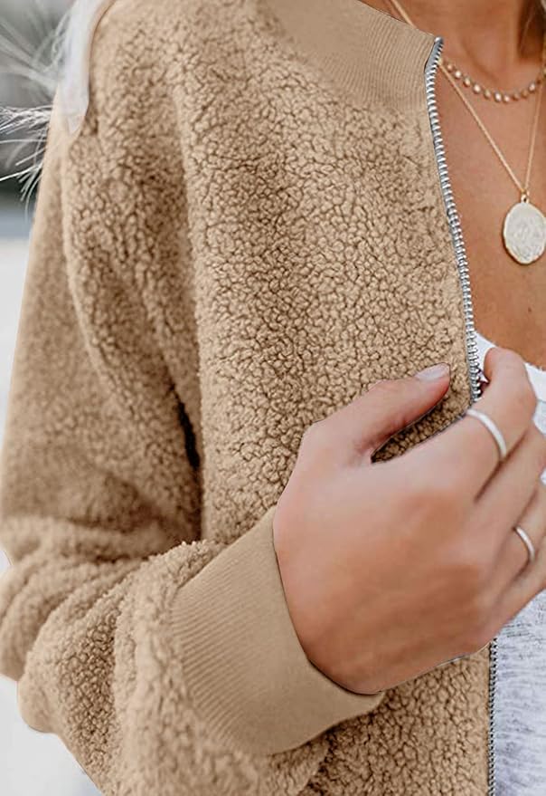 MIROL Women's Fall Trendy Fleece Jacket Faux Sherpa Fuzzy Casual Long Sleeve Zip Up Loose Fit Bomber Winter Coat