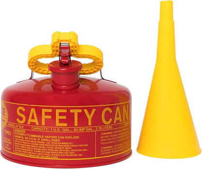 Eagle 1 Gallon Type I Red Safety Gas Can for Gasoline with Flame Arrester, Self-Closing Lid, and F-15 Funnel, Made in the USA, Galvanized Steel Flammable Storage Can, UI10FS
