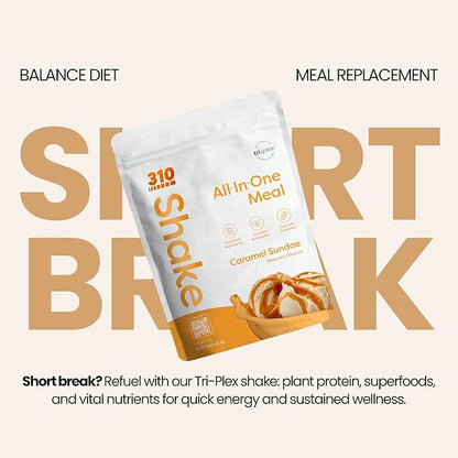 310 Nutrition All-In-One Meal Replacement Shake Powder - Plant-Based Protein Smoothie Blend w/High Fiber, Probiotics & Adaptogens - Low Carb, Vegan, Keto & Paleo Friendly - Caramel Sundae - 14 Srv
