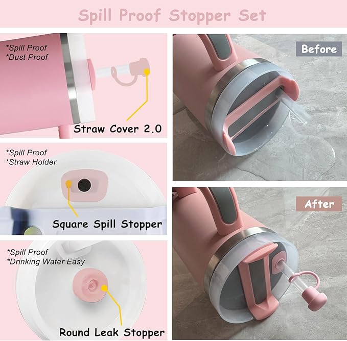 Stanley Cup Accessories Set,Including 2 Pcs 0.4in Straw Cover, 1 Silicone Spill-Proof Stopper Set of 3, 1 Cute Flowers Handle Charm, 1 Silicone Boot Fits Stanley 40&30 Oz Tumbler (Pink 2.0)