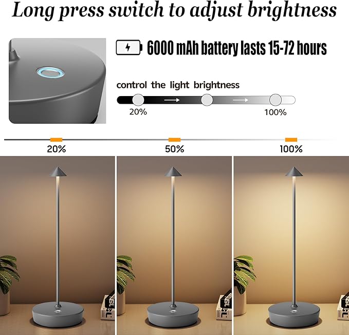 2Pack Rechargeable Cordless Table Lamp, Portable Powered LED Battery 6000mAh Metal USB Desk Lamp, 3 Levels Brightness Light for Restaurants Outdoor (2pack Gray)