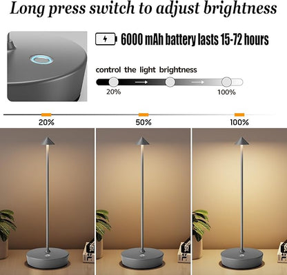 2Pack Rechargeable Cordless Table Lamp, Portable Powered LED Battery 6000mAh Metal USB Desk Lamp, 3 Levels Brightness Light for Restaurants Outdoor (2pack Gray)