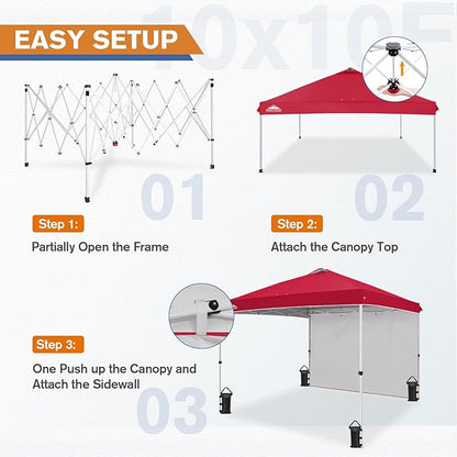 EAGLE PEAK Pop Up Canopy Tent with 1 Sidewall, Easy Setup Event Tent, Outdoor Sun Shade, Wheeled Carry Bag, Stakes and Guy Ropes, Instant Canopy 10x10, Red