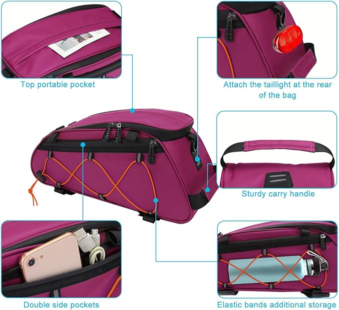 MOSISO Bike Rack Bag with 2 Removable Panniers, Waterproof Bike Trunk Cooler Storage Handbag Insulated Bicycle Rear Seat Pouch, Bicycle Storage Saddle Shoulder Bag Cycling Luggage Pouch, Rose Red