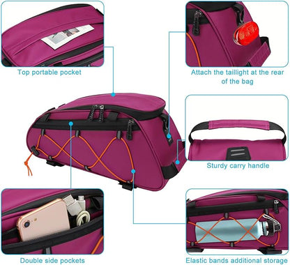 MOSISO Bike Rack Bag with 2 Removable Panniers, Waterproof Bike Trunk Cooler Storage Handbag Insulated Bicycle Rear Seat Pouch, Bicycle Storage Saddle Shoulder Bag Cycling Luggage Pouch, Rose Red