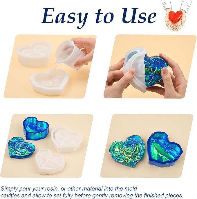 Heart Jar Resin Mold with Rose Lid Epoxy Resin Storage Box Casting Molds DIY Jewelry Trinket Candy Container Silicone Mould Concrete Cement Plaster Planter Candle Vessel Craft Silicone Molds