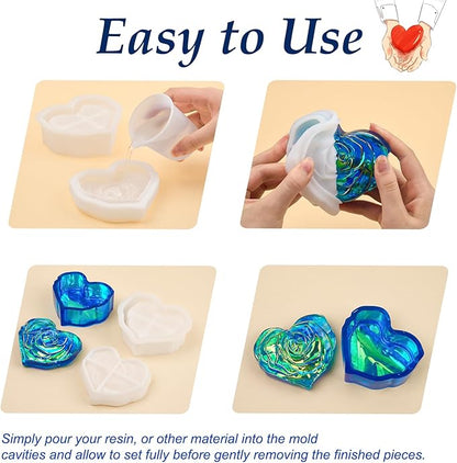 Heart Jar Resin Mold with Rose Lid Epoxy Resin Storage Box Casting Molds DIY Jewelry Trinket Candy Container Silicone Mould Concrete Cement Plaster Planter Candle Vessel Craft Silicone Molds