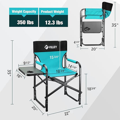 VILLEY Heavy Duty Directors Chair, Folding Camping Chairs, Portable Foldable Chair, for Camp Tailgating Lawn Picnic Fishing Beach, Supports 350 LBS, Blue