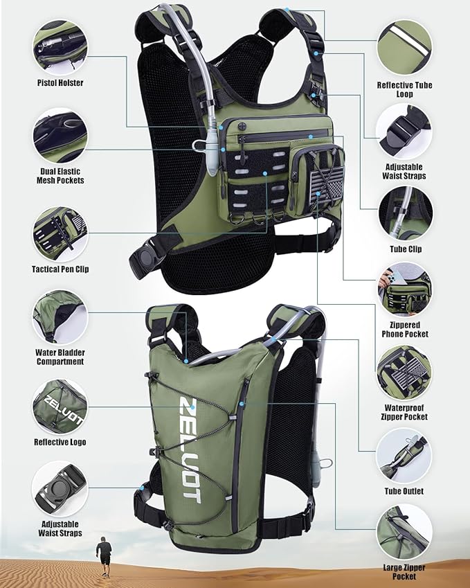 Hydration Backpack with 2L Water Bladder, USA Original Patent, Lightweight Adjustable Running Vest with Gear Holder, Reflective Running Chest Pack for Men Women for Marathon