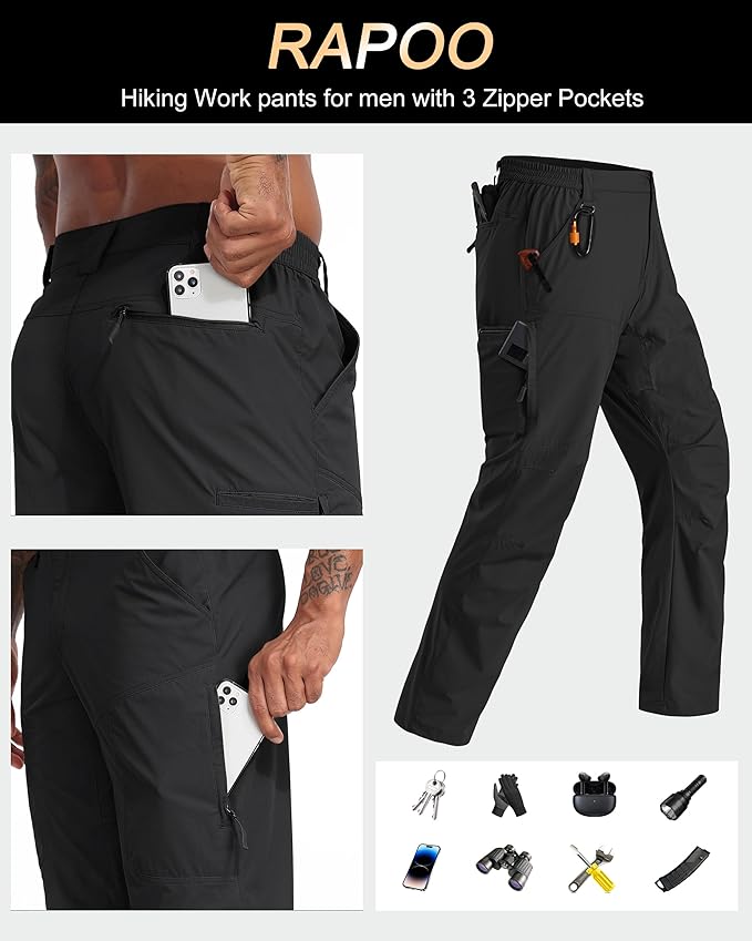 Rapoo Mens Hiking Pants Lightweight Water Resistant Breathable Nylon Cargo Pants with 6 Pockets