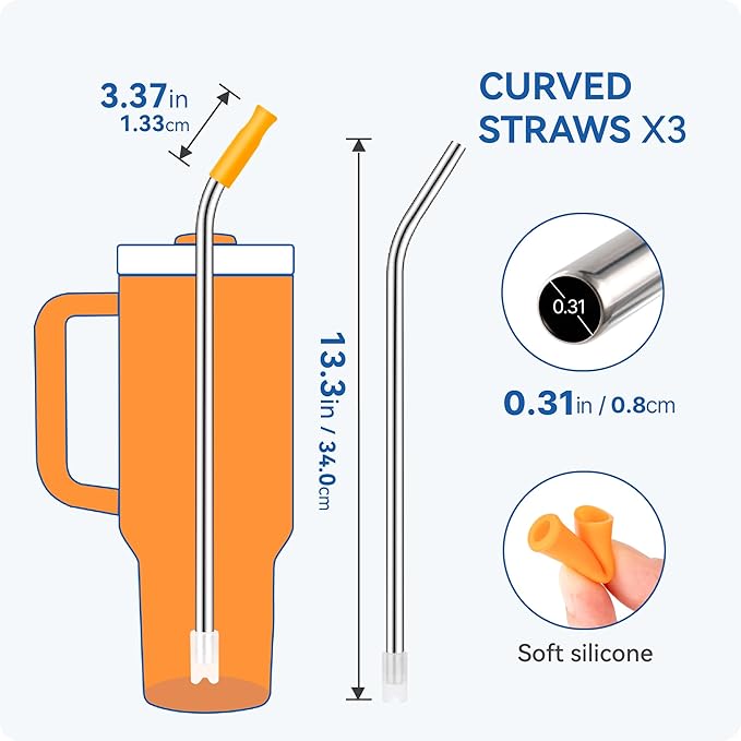 Reusable Stainless Steel Straws with Silicone Tip for Stanley 40oz, Metal Drinking Straws for 40oz Tumbler,3 Bent Tubes & 6 Tips& 1 Cleanr Brush (Goldenrod)