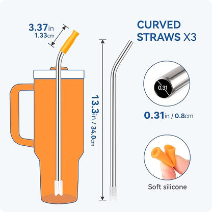 Reusable Stainless Steel Straws with Silicone Tip for Stanley 40oz, Metal Drinking Straws for 40oz Tumbler,3 Bent Tubes & 6 Tips& 1 Cleanr Brush (Goldenrod)