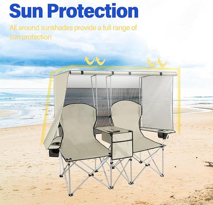 PLKO Portable Double Camping Chair with Canopy Shade,Heavy Duty Beach Chairs for Adults,Folding Beach Chair with Cooler Bag for Sports Backyard Fishing Outside（White）
