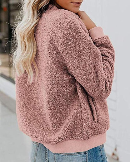 MIROL Women's Fall Trendy Fleece Jacket Faux Sherpa Fuzzy Casual Long Sleeve Zip Up Loose Fit Bomber Winter Coat