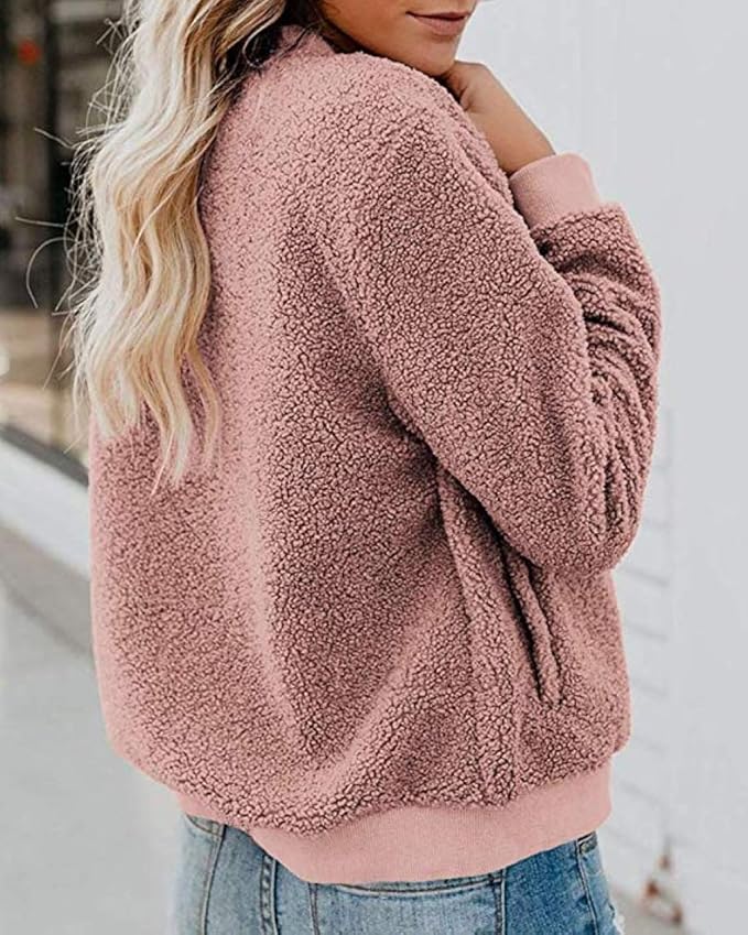 MIROL Women's Fall Trendy Fleece Jacket Faux Sherpa Fuzzy Casual Long Sleeve Zip Up Loose Fit Bomber Winter Coat