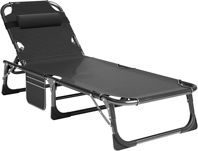 LILYPELLE Portable Folding Cot Bed, Adjustable 6-Position Adults Reclining Chaise with Pillow, Outdoor Portable Lounge Chair Sleeping Cot for Camping, Pool, Beach, Patio