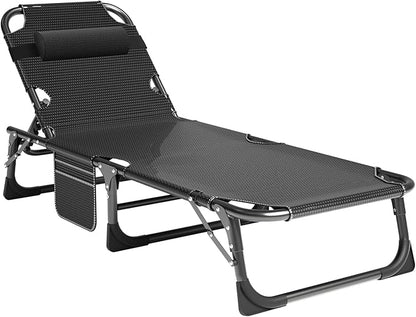 LILYPELLE Portable Folding Cot Bed, Adjustable 6-Position Adults Reclining Chaise with Pillow, Outdoor Portable Lounge Chair Sleeping Cot for Camping, Pool, Beach, Patio