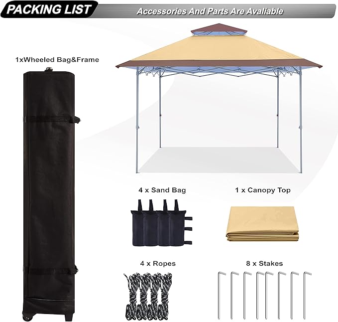 ABCCANOPY 13x13 Pop Up Canopy Base on 10x10 Canopy Frame with Double Ventilated Top, 4 Sandbags, 4 Ropes and 8 Stakes (Beige)