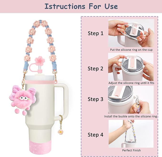 Stanley Cup Accessories Set for 40oz & 30oz Tumblers - Handle Strap, Spill-Proof Stopper, Silicone Straw Cover, Boot Base Protector, Keychain & Handle Charms(Pink)