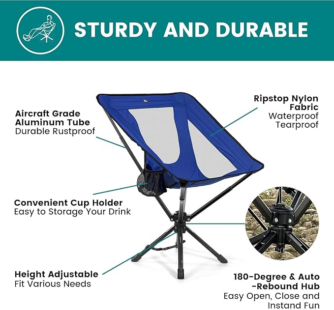 Portable Camping Chair - SwivelCore 180 Swivel & Auto-Return, Small Compact Lightweight Folding Chairs for Adults, Outdoor Backpack Chair for Adventures, Setup in Seconds, Support 300 LBS