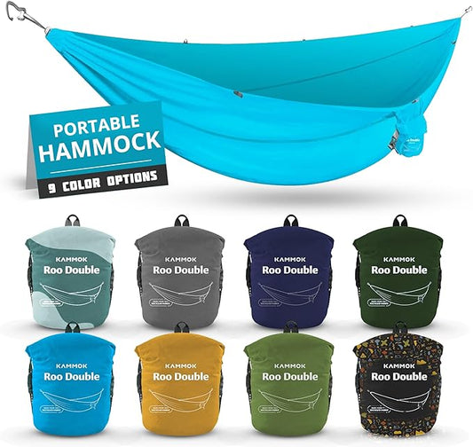 KAMMOK: Roo Double Hammock | Made from Strong & 100% Recycled Water Resistant Ripstop Fabric | Comfortable, Packable, Lightweight (Lifetime Adventure Grade Warranty), Sky Blue