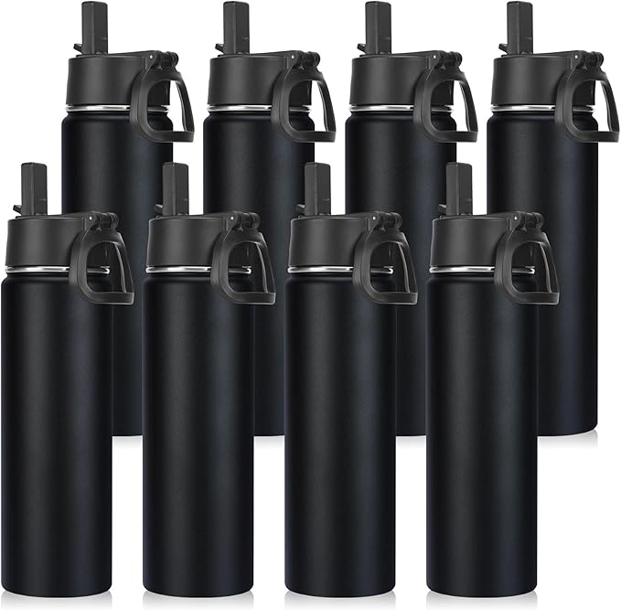 Neihepal 22 oz Insulated Water Bottles Bulk, Stainless Steel Water Bottles Bulk with Leak Proof Straw Lid, Wide Mouth Double Walled Vacuum Keeps Cold and Hot(Black,8 Pack)