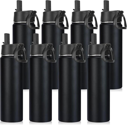 Neihepal 22 oz Insulated Water Bottles Bulk, Stainless Steel Water Bottles Bulk with Leak Proof Straw Lid, Wide Mouth Double Walled Vacuum Keeps Cold and Hot(Black,8 Pack)