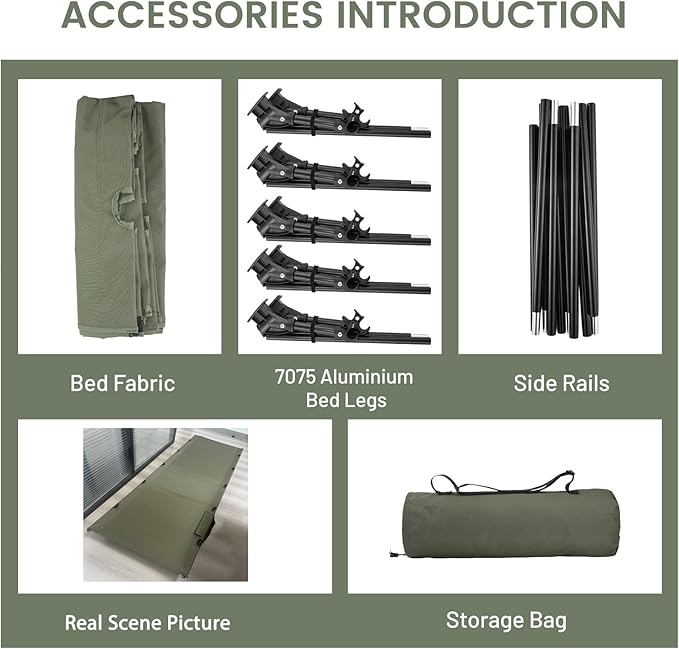 Ultralight Camping Cots for Adults, Portable Folding Bed, Tent Cot Lightweight Travel, Camping, Hiking, Backpacking, Mountaineering, Army Green
