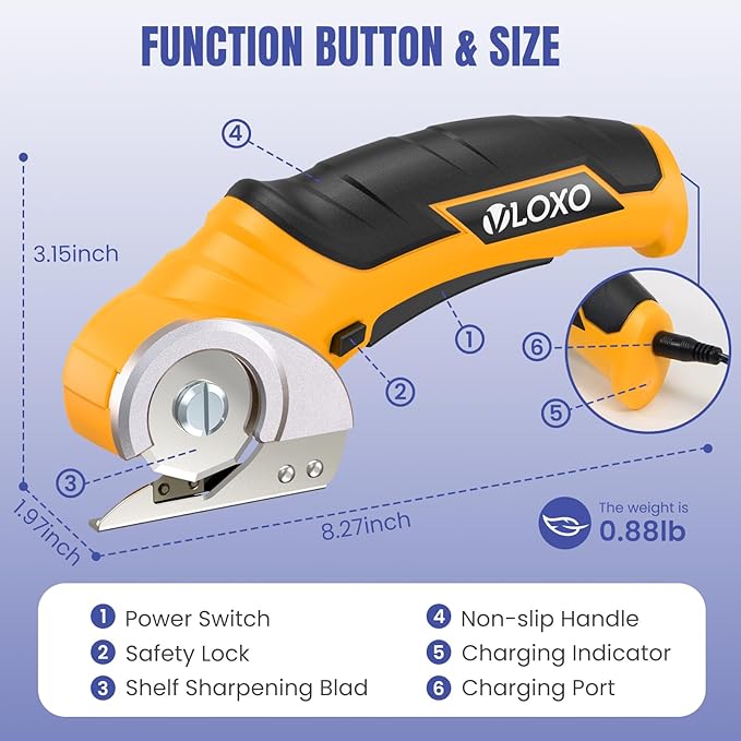 VLOXO Cordless Cardboard Cutter, Electric Scissors for Cardboard with Safety Lock, Power Rotary Scissors Multi-Cutting Tools, Rechargeable Box Cutter Electric for Carpet Leather (Yellow)