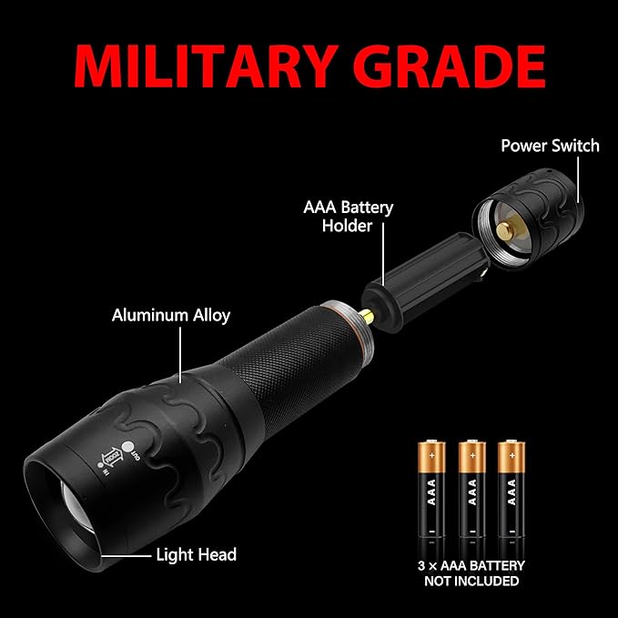 Military Grade Single Mode 3000 Lumens Tactical LED Waterproof Handheld Flashlight,2-Pack