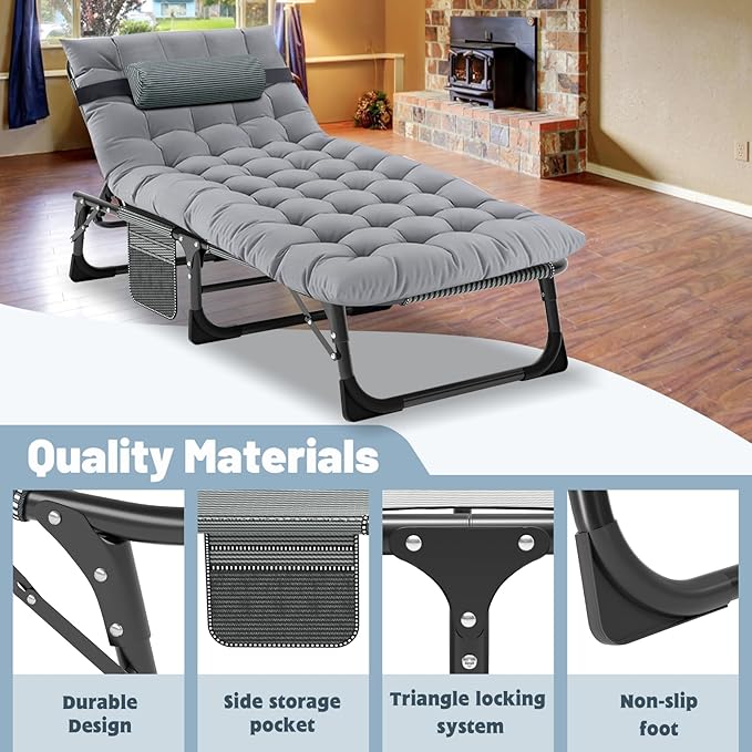 Slsy Sleeping Cots for Adults, 5-Position Folding Chaise Lounge Chairs Outdoor, Portable Folding Bed Cot Lounge Chair for Beach Lawn Camping Pool Sun Tanning