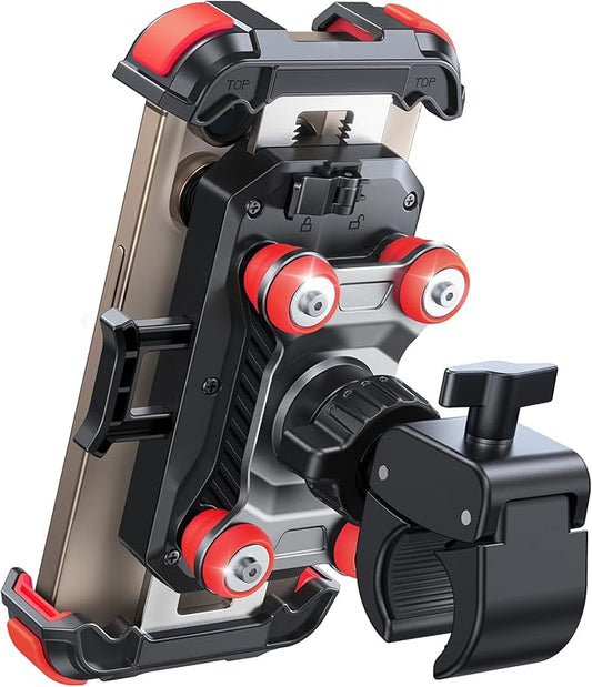 JOYROOM Motorcycle Phone Mount Holder - [Dual Vibration Dampener] 150mph Anti-Shock Phone Holder for Motorcycle [Upgrade Metal Handlebar Clamp] - Bicycle Bike Phone Holder Mount for 4.7-7" Phones Red
