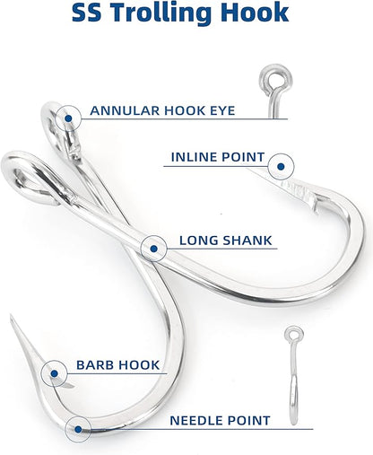 BLUEWING Needle Point 5pcs/10pcs Trolling Hooks Fishing Stainless Steel Extra Sharp for Freshwater Saltwater