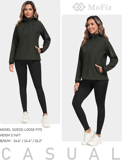 MoFiz Women's Fleece Lined Softshell Jacket Hooded Windproof Lightweight Insulated Jacket Full Zip Warm Coat