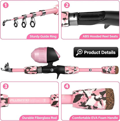 PLUSINNO Kids Fishing Pole with Spincast Reel Telescopic Fishing Rod Combo Full Kits for Boys, Girls, and Adults