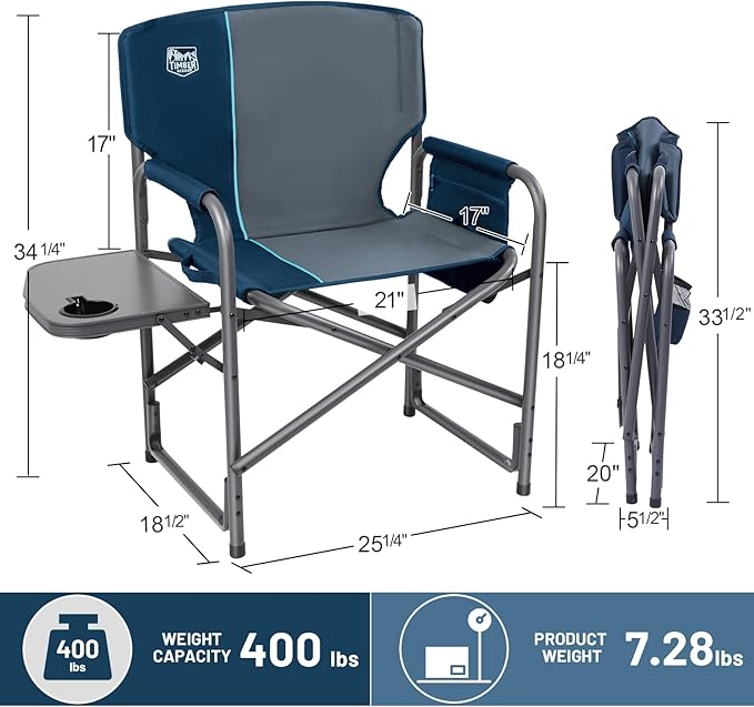 TIMBER RIDGE Aluminum Oversized Camping Chair, Lightweight Portable Directors Chair with Side Table Detachable Side Pocket for Outdoor Camping, Lawn, Picnic, Support 400lbs Blue 2 Pack