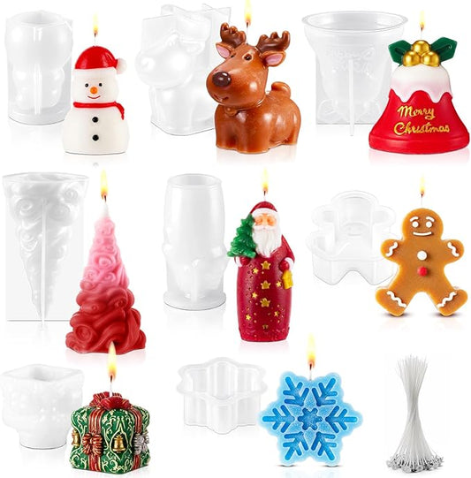 LemonRoad 8 Pcs 3D Christmas Candle Mold Set Silicone Soap Epoxy Resin Wax Mold 3D Christmas Tree, Santa, Elk, Snowman for Candle Resin Soap Craft Cake Chocolate Making Kit for Xmas Gift Party Decor