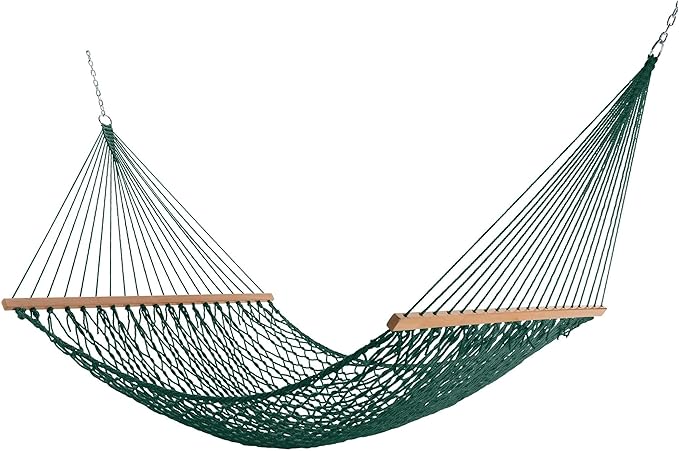 Castaway Living 13 ft. Double Traditional Hand Woven Green Polyester Rope Hammock – 2-Person, 450 lb Capacity, Free Extension Chains & Tree Hooks, Designed in The USA