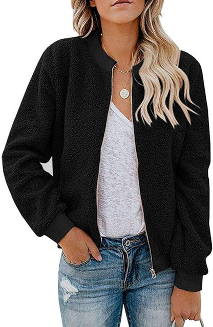MIROL Women's Fall Trendy Fleece Jacket Faux Sherpa Fuzzy Casual Long Sleeve Zip Up Loose Fit Bomber Winter Coat