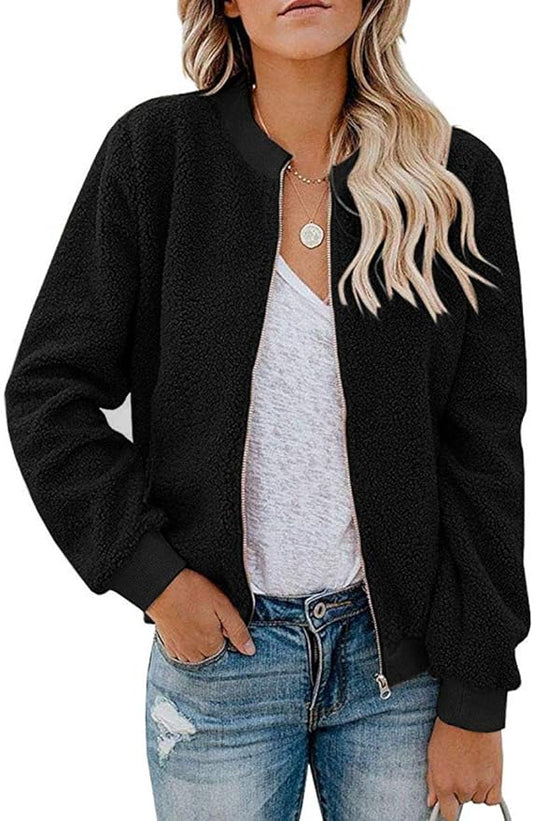 MIROL Women's Fall Trendy Fleece Jacket Faux Sherpa Fuzzy Casual Long Sleeve Zip Up Loose Fit Bomber Winter Coat