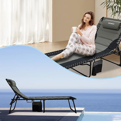 Oversized Padded Outdoor Folding Lounge Chair for Adults 330Ibs Patio Chaise Lounge for Outside 5-Position Adjustable Reclining Beach Chair with Pillow Pocket
