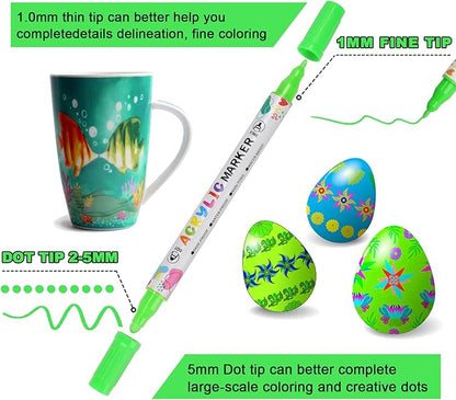 48 Colors Acrylic Paint Pens, Dual Tip Acrylic Paint Markers for Paper, Wood, Canvas, Stone, Rock Painting, Glass, Fabric, DIY, Ceramic, Art Supplies for Kids and Adults Drawing (Dot + Fine)