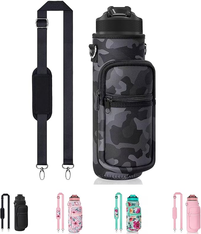 Insulated Water Bottle Holder Sling Bag with Phone Pocket, Adjustable Crossbody Strap for Walking, Hiking, Camping, Fishing