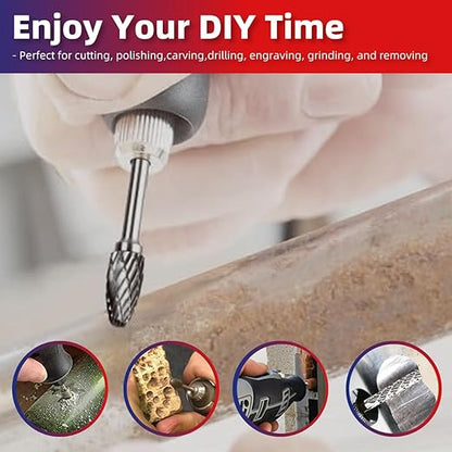 Carbide Burr Set 1/8" Inch Shank（3mm）Diameter，10PC Tungsten Double Cut Rotary Die Grinder Bits- Cutting Burrs for Aluminum Metal Wood Carving, Engraving,Polishing,Drilling