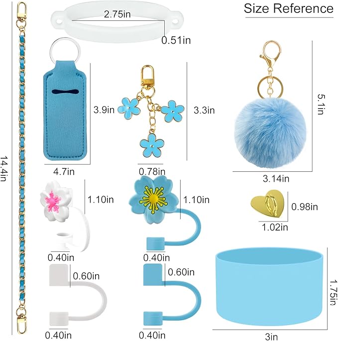 Velaco 11 PCS Accessories for Stanley Cup, Water Bottle Handle Strap for Stanley 30/40 oz tumbler with handle, including Straw Toppers, Silicone Cup Boot, Keychain Charms - Blue